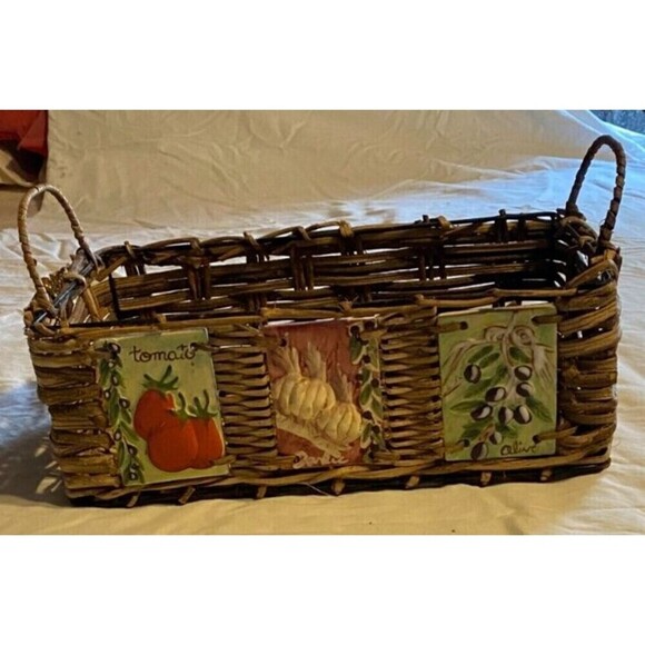 Unbranded Other - WICKER UTENSIL BASKET Hand Painted/Tile Decorated/Silverware Holder